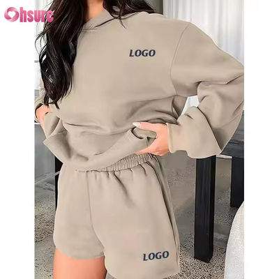F240140 Custom Korte Sets Tweedelige Set Dames Lange Mouw Effen Hoodie Sweatpak en Gymshorts Set Lente Kleding voor Vrouwen