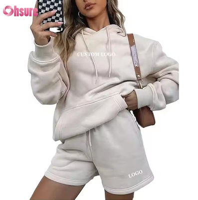 Groothandel Dames Oversized Sweat Shorts en Hoodie Set 2-delige Hoodie Trainingspak Aangepast logo