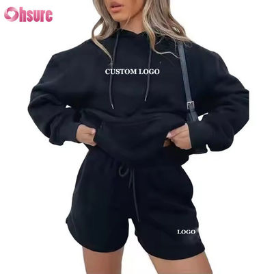 Groothandel Dames Oversized Sweat Shorts en Hoodie Set 2-delige Hoodie Trainingspak Aangepast logo