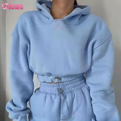 OEM Hoge Kwaliteit Fleece Katoenen Sweatpants en Hoodies Set Outdoor Cropped Hoodie Top Tweedelige Set Dameskleding