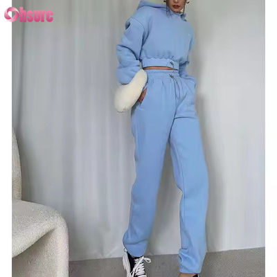 OEM Hoge Kwaliteit Fleece Katoenen Sweatpants en Hoodies Set Outdoor Cropped Hoodie Top Tweedelige Set Dameskleding