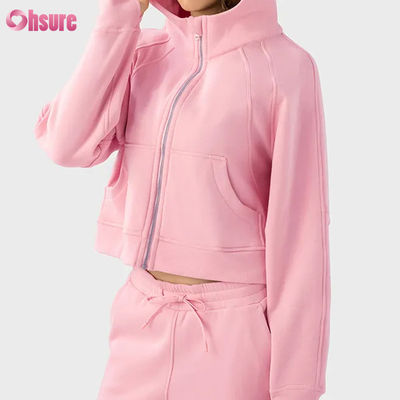 Custom Logo Vrouwen Vintage Full Zip Fleece Workout Jacket voor de winter hardlopen Yoga Gym Hoodie Duimgaten voering Gebreide stof