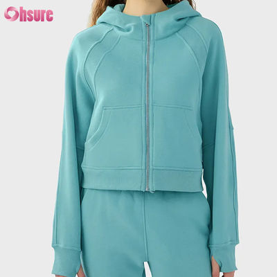 Custom Logo Vrouwen Vintage Full Zip Fleece Workout Jacket voor de winter hardlopen Yoga Gym Hoodie Duimgaten voering Gebreide stof