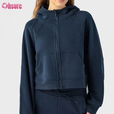 Custom Logo Vrouwen Vintage Full Zip Fleece Workout Jacket voor de winter hardlopen Yoga Gym Hoodie Duimgaten voering Gebreide stof