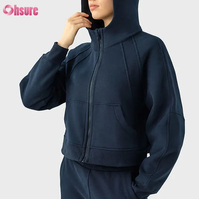 Custom Logo Vrouwen Vintage Full Zip Fleece Workout Jacket voor de winter hardlopen Yoga Gym Hoodie Duimgaten voering Gebreide stof