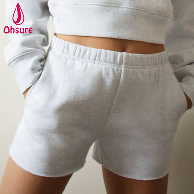 Groothandel Custom Logo High-waisted Sweat Shorts Women Fitness Gym Training Shorts High Waist Loose Inseam Pockets Raw Hem Casual