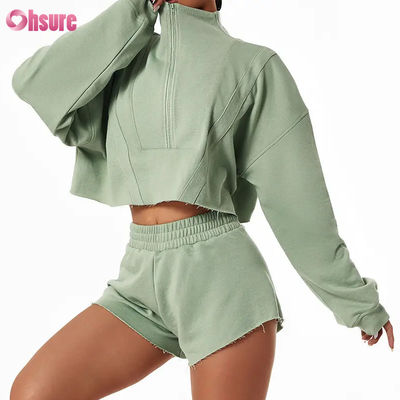 2024 Nieuwe Mode Hoge Kwaliteit Custom Dames Losse Sport Hoodie Set Lange Mouw Rits Stand Zweetshirts voor Winter