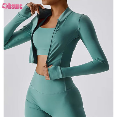 Slim Fit Full Zipper Nylon/Spandex 230GSM Fitness Sport Crop Tops Long Sleeve Custom Logo Zipper Sportkleding voor vrouwen