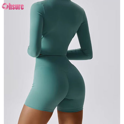 Slim Fit Full Zipper Nylon/Spandex 230GSM Fitness Sport Crop Tops Long Sleeve Custom Logo Zipper Sportkleding voor vrouwen