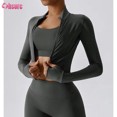 Slim Fit Full Zipper Nylon/Spandex 230GSM Fitness Sport Crop Tops Long Sleeve Custom Logo Zipper Sportkleding voor vrouwen