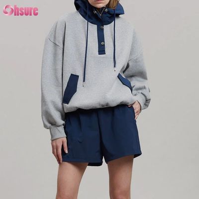 Modeontwerp Comfortabel katoen oversized stijl knop Contrast kleur Pocket Hoodie voor vrouwen