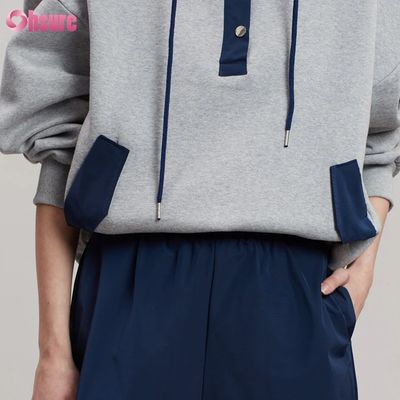 Modeontwerp Comfortabel katoen oversized stijl knop Contrast kleur Pocket Hoodie voor vrouwen
