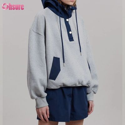 Modeontwerp Comfortabel katoen oversized stijl knop Contrast kleur Pocket Hoodie voor vrouwen