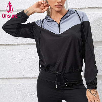 Aangepaste LOGO 100% Polyester Tweekleurige Halve Rits Sport Hooded Sportkleding Top Dames Fitness Gym Training Jas